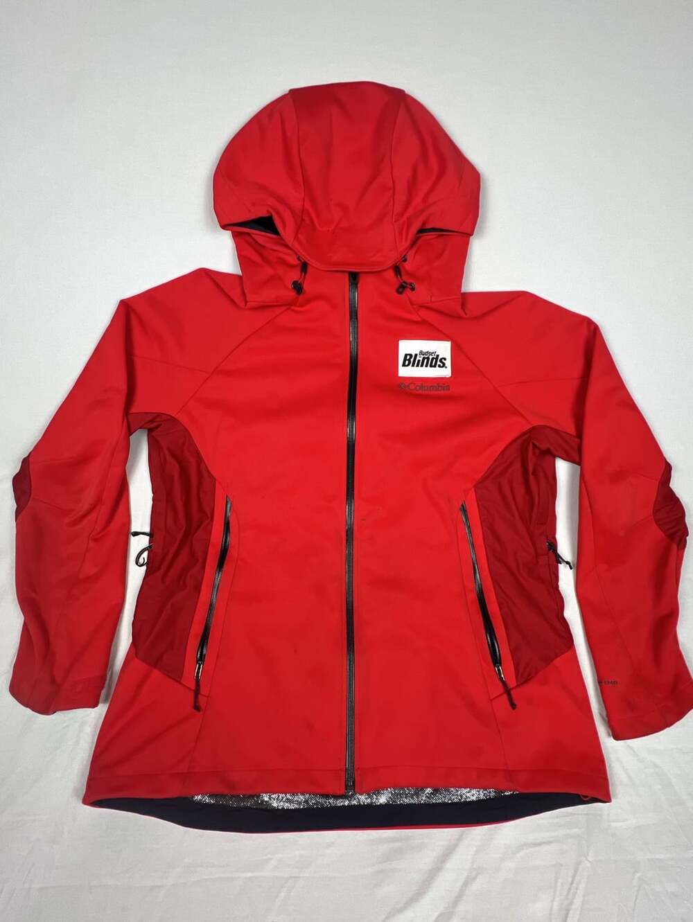 Columbia Red Omni-Wind Softshell Hooded Jacket with Budget Blinds Logo